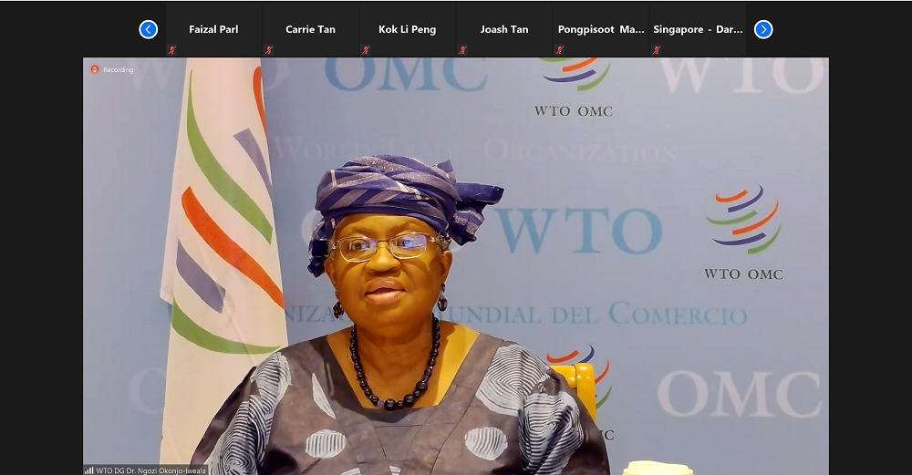 Ngozi Okonjo-Iweala on Zoom call, WTO logo background, blue headwrap and dress.